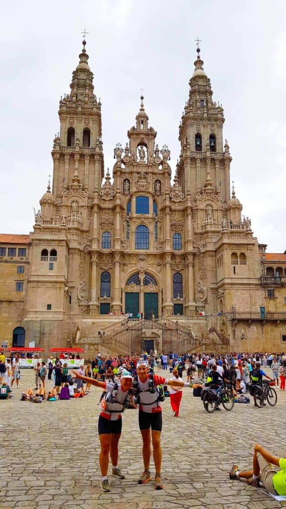 Pilgrims in front of the cathedral of Santiago de Compostela