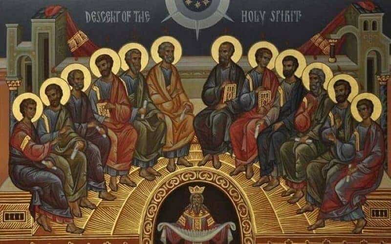twelve apostles adorned with halos descent of the holy spirit pentecost sunday religious day