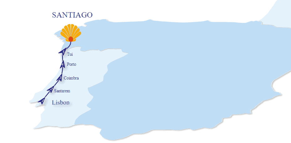Camino Portuguese map from Lisbon to Santiago