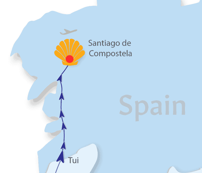 Tui to Santiago de compostela map camino portuguese