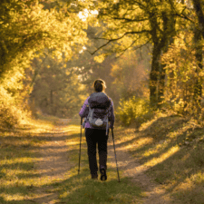 Pilgrim walking through forest