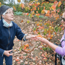 Helping pilgrims with fruits along Le puy