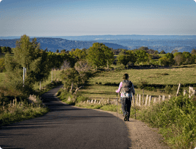 Pilgrim walking through pathway Tui to santiago