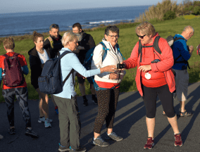Pilgrims walking by coast