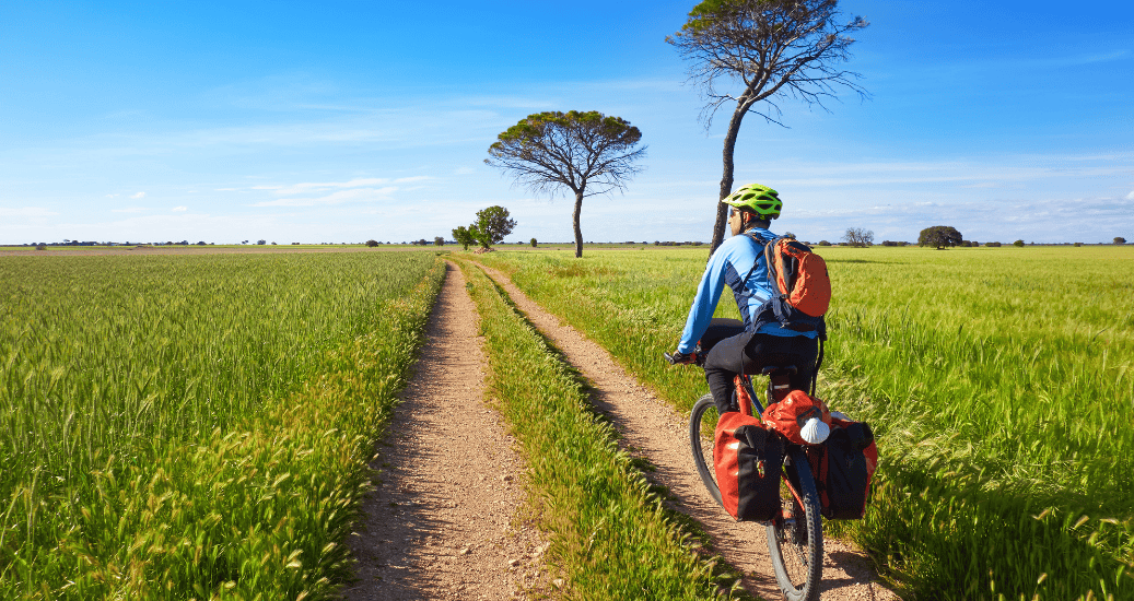 Pilgrim cycling through green field camino frances