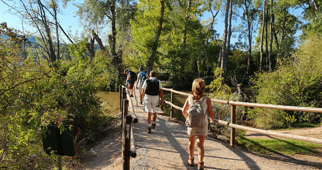 Family crossing bridge on Camino Frances