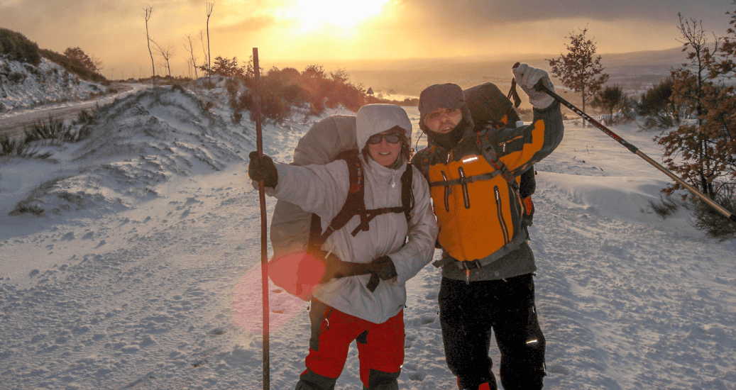 Pilgrims posing in snow