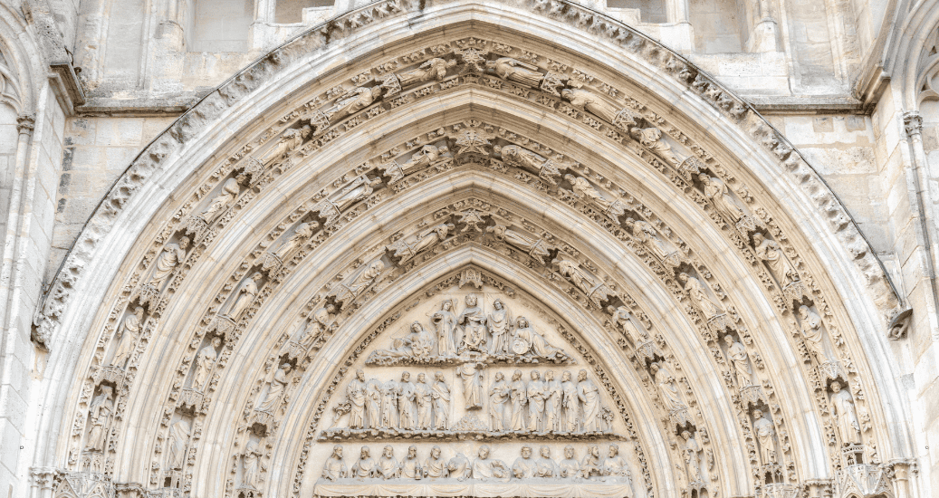 Facade and door of the Gothic cathedral of Saint Andre in Bordeaux, New Aquitaine, France