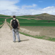 Pilgrim posing on green fields