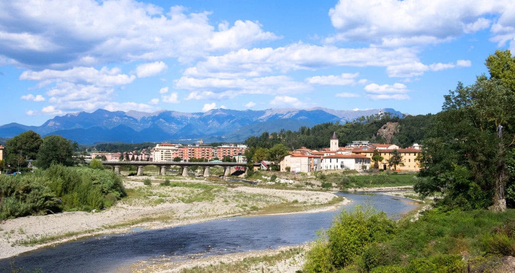 Aulla town, Lunigiana, Italy. General view with river and mountains