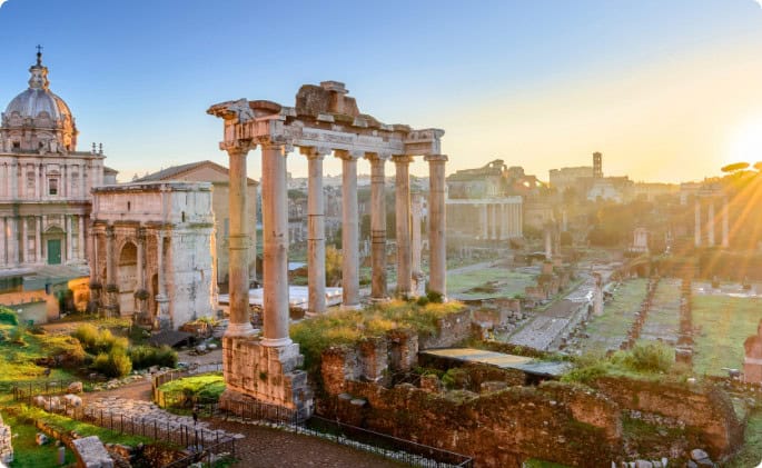 Forum in Rome, Italy. Roman Forum (Foro Romano) at sunset.Rome architecture and landmark. Ancient Forum in Rome is one of the main attractions of Rome and Italy