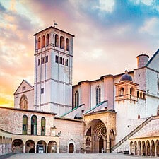 Basilica of St. Francis of Assisi at sunset, Assisi, Umbria, Italy