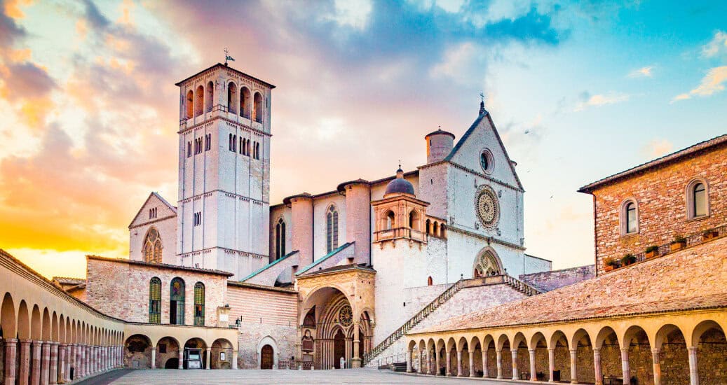 Basilica of St. Francis of Assisi at sunset, Assisi, Umbria, Italy