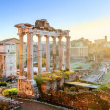 Forum in Rome, Italy. Roman Forum (Foro Romano) at sunset.Rome architecture and landmark. Ancient Forum in Rome is one of the main attractions of Rome and Italy