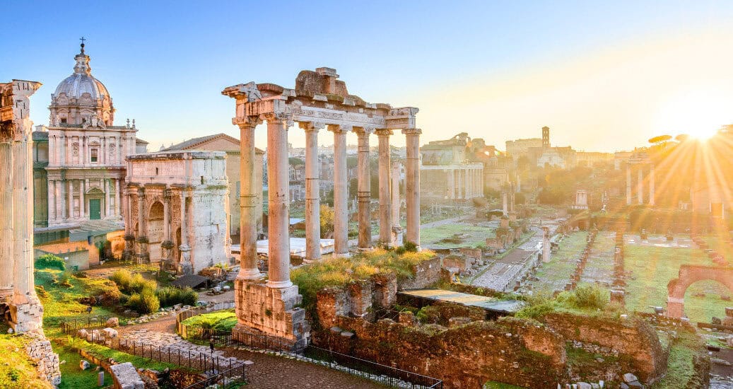 Forum in Rome, Italy. Roman Forum (Foro Romano) at sunset.Rome architecture and landmark. Ancient Forum in Rome is one of the main attractions of Rome and Italy