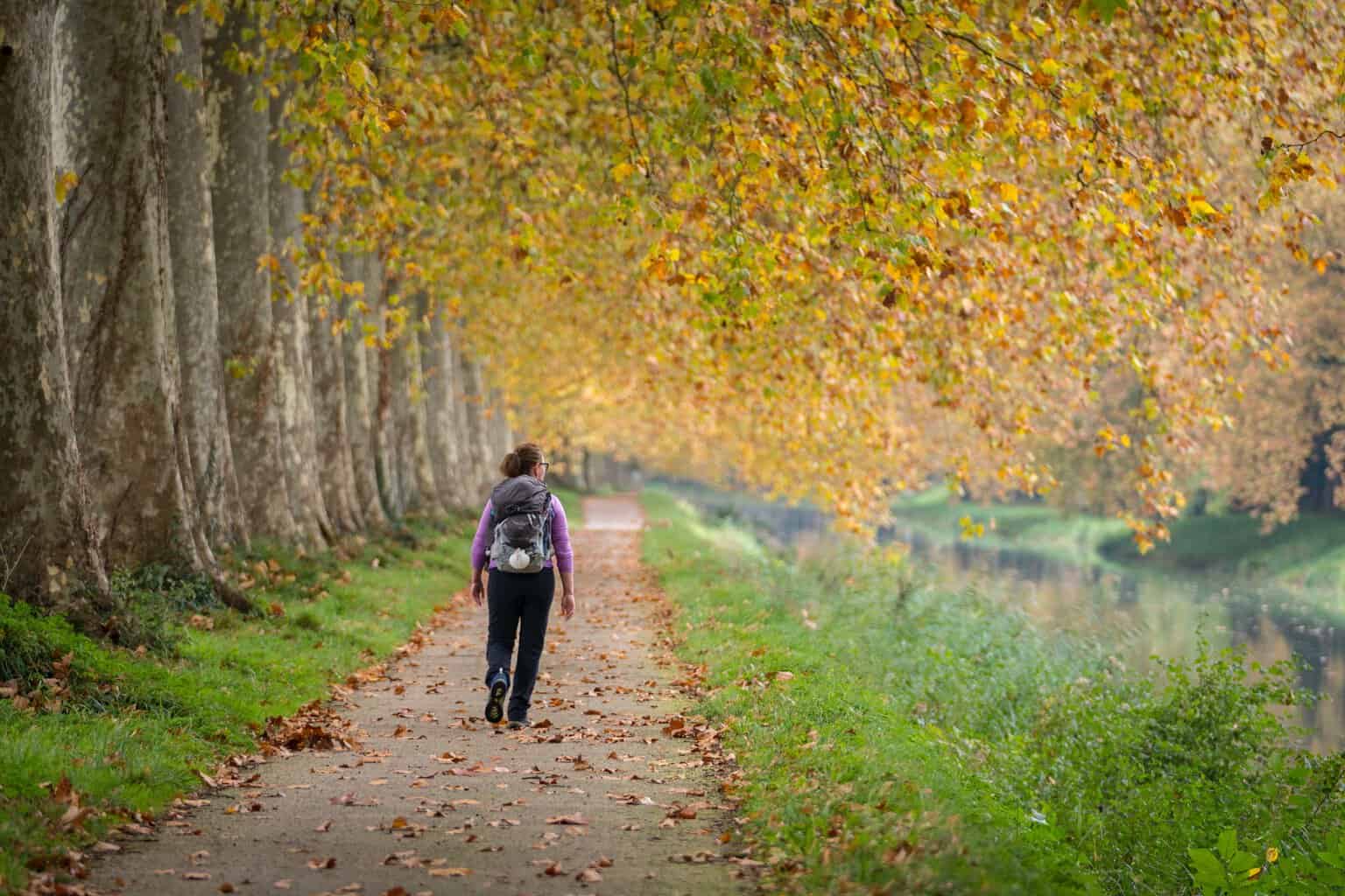 Pilgrim walking by a canal in Autumn