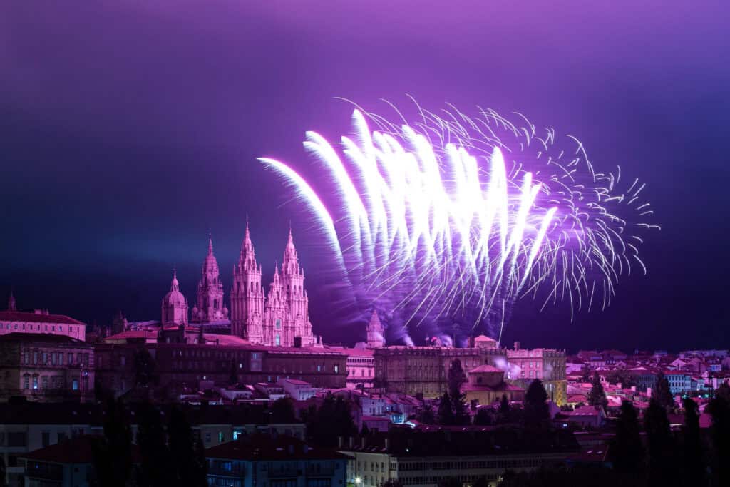 Fireworks over the city of Santiago de Compostela
