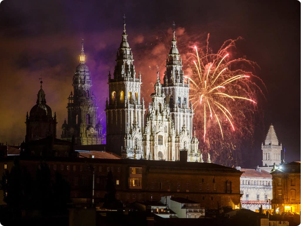 Fireworks display over the Cathedral of Saint James in honor of the Day of St James Apostle Festival 2022