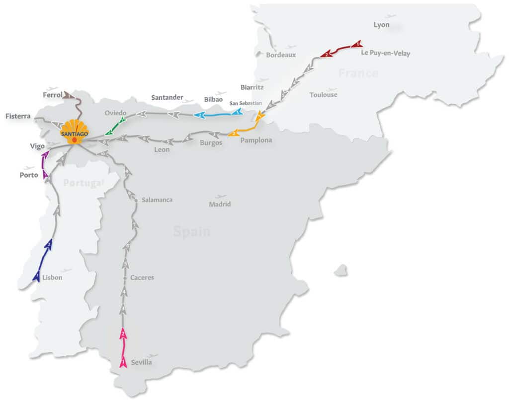 Map of first stages of camino routes