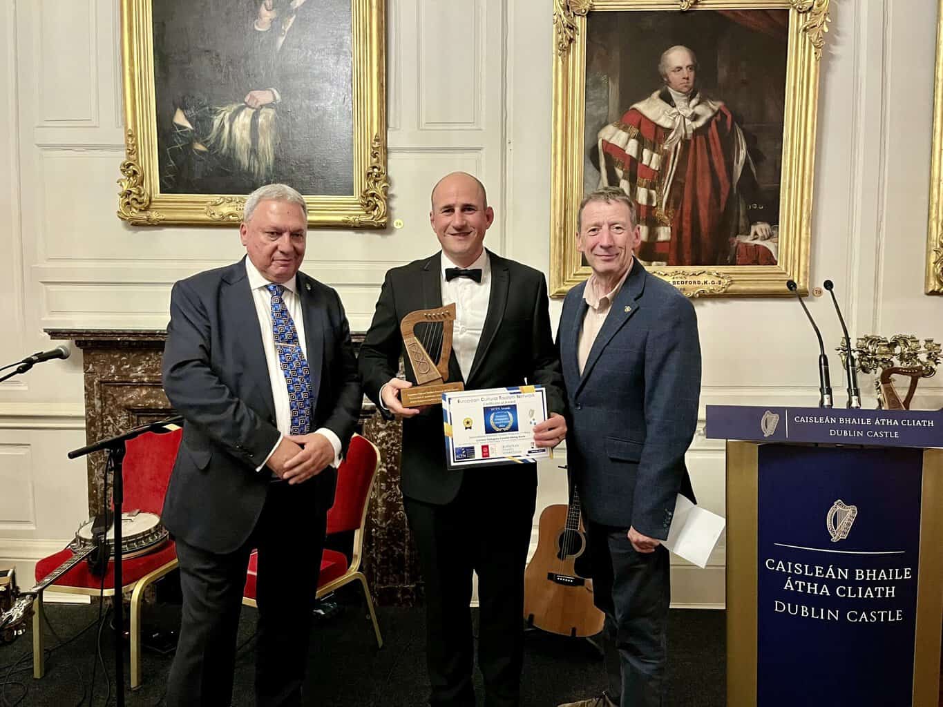 Umberto accepting first prize at the ECTN Awards 2024 for Transnational Culture and Heritage Tourism.