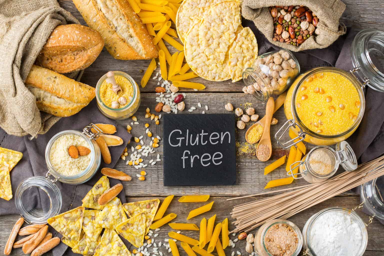 Selection of gluten free food on the Camino, incuding corn flour, breadm and pasta