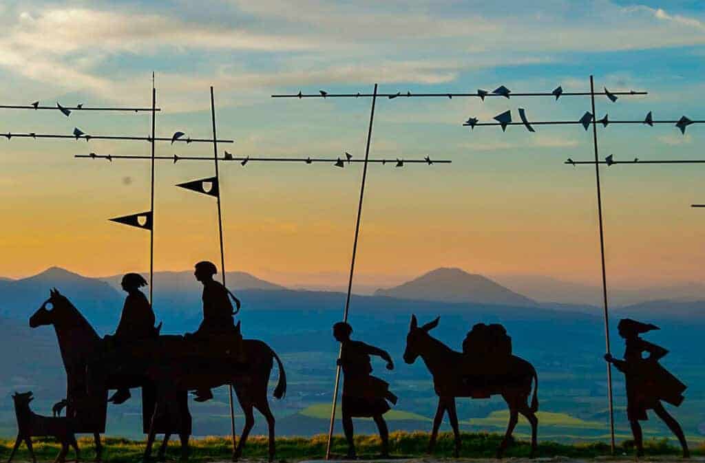 Pilgrim shadows on pamplona camino frances