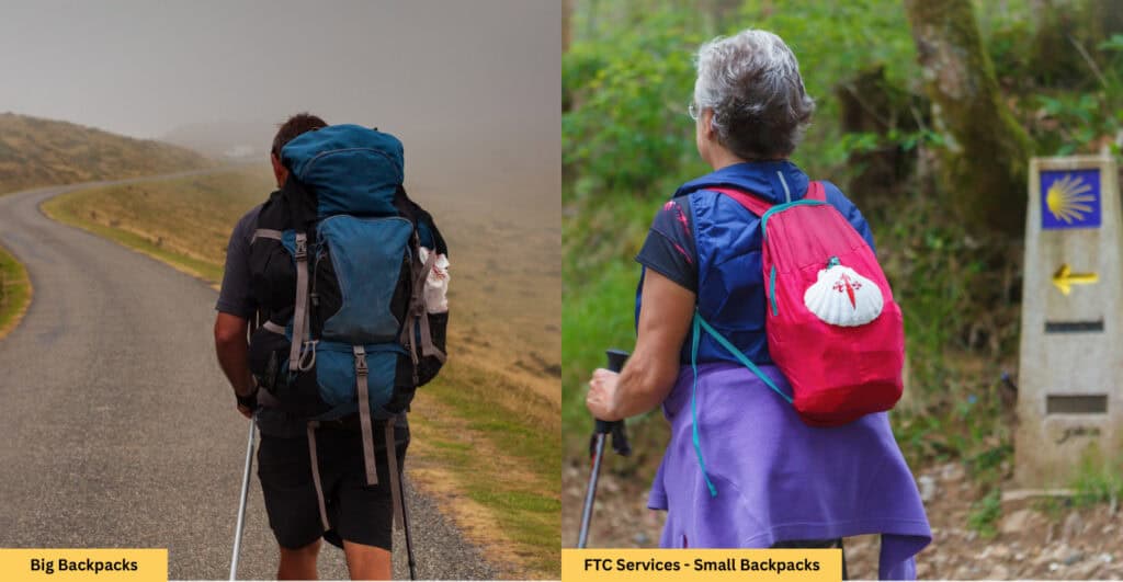 Pilgrim walking with big bag pack vs small bag pack